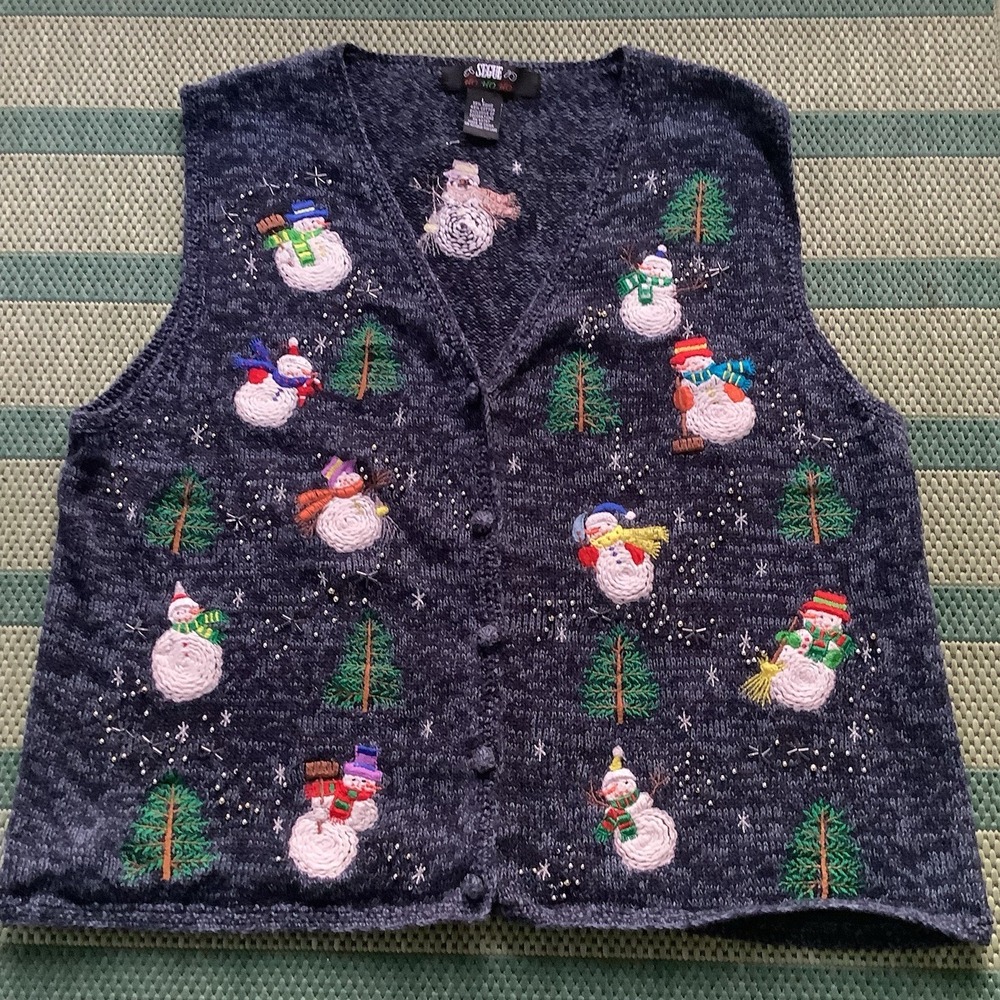 Segue Ho Ho Ho Snowman Christmas Sweater Vest Embroidered Trees Button Front